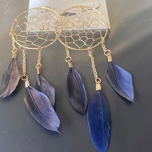 Gold Dreamcatcher Feather Drop Earrings - Navy Blue